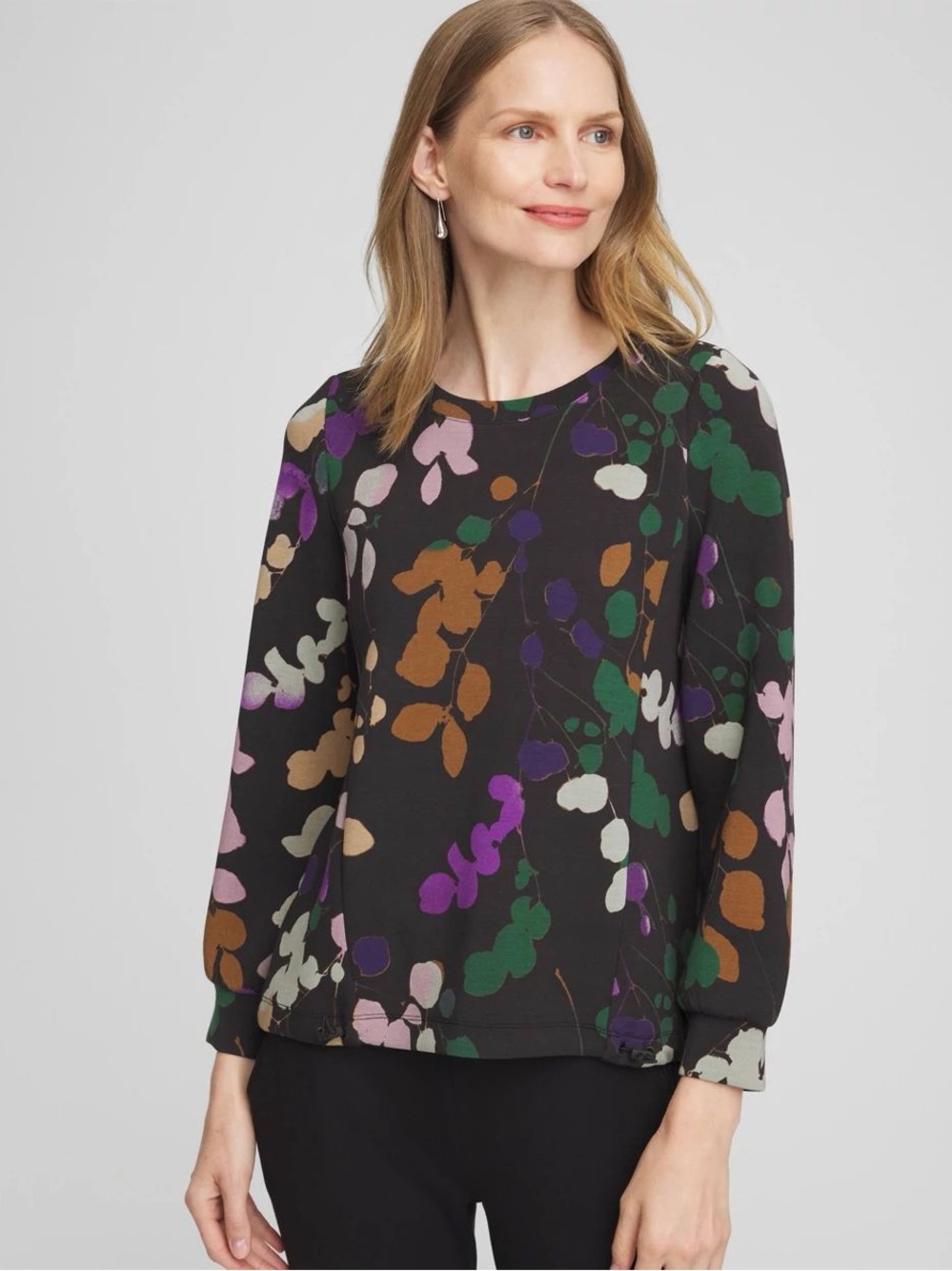 Chicos Zenergy® Floral Bungee Hem Long-sleeve Top Size 2 or L